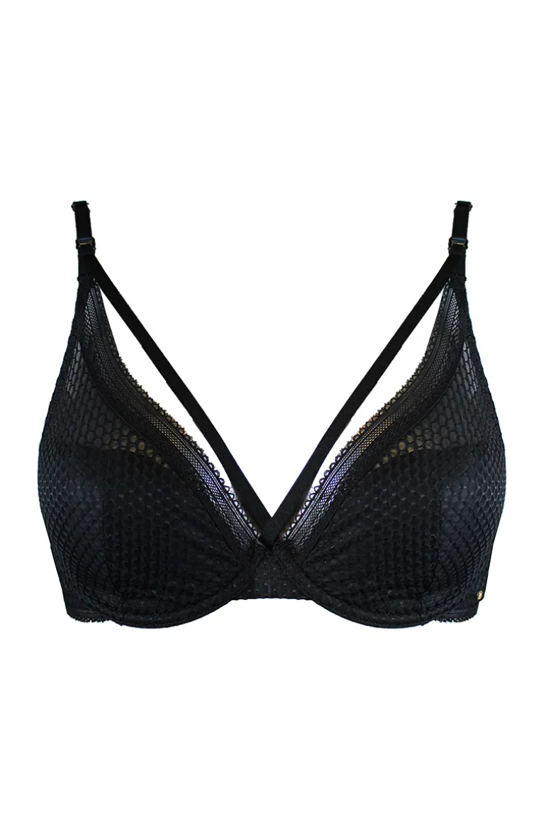 Diamond Mesh Padded High Apex Bra - Black