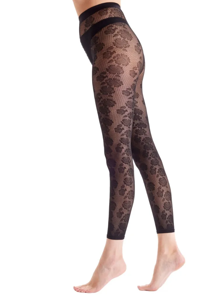 Floral Footless Tights - Black