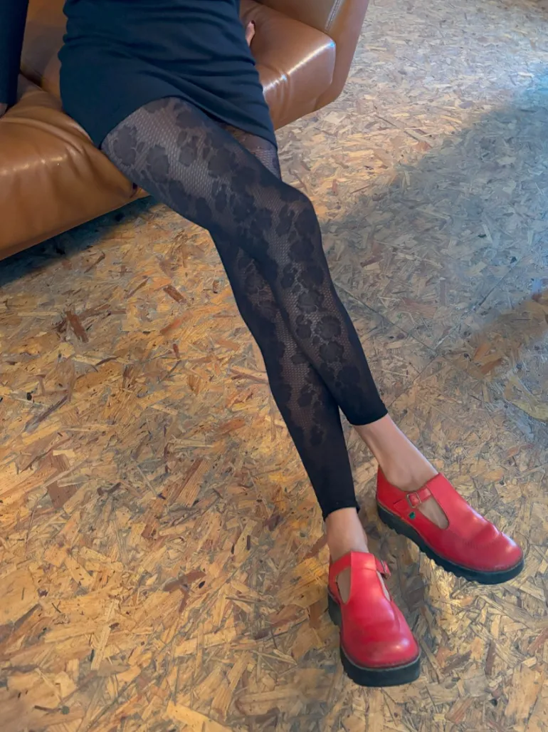 Floral Footless Tights - Black