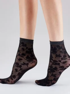 Floral Lace Ankle High Sheer Socks - Black Mix