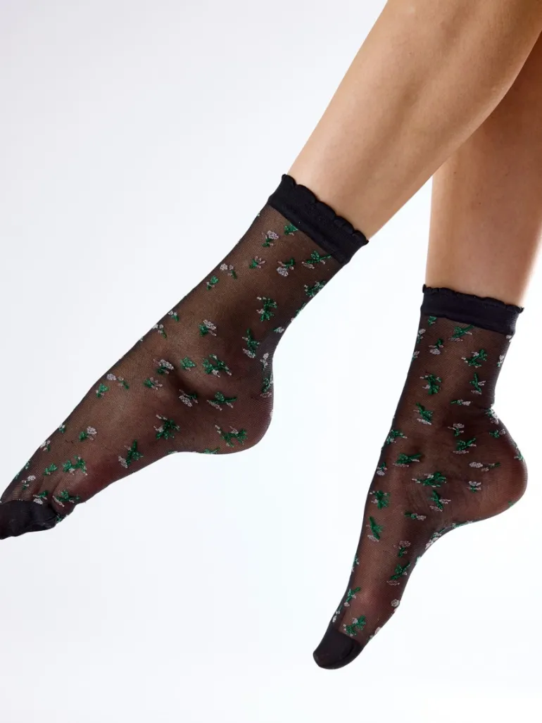 Floral Pattern Sheer Socks - Black