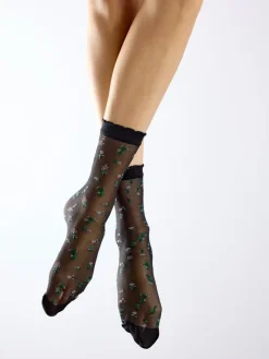 Floral Pattern Sheer Socks - Black