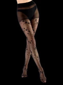 Floral Tattoo Pattern Tights - Black