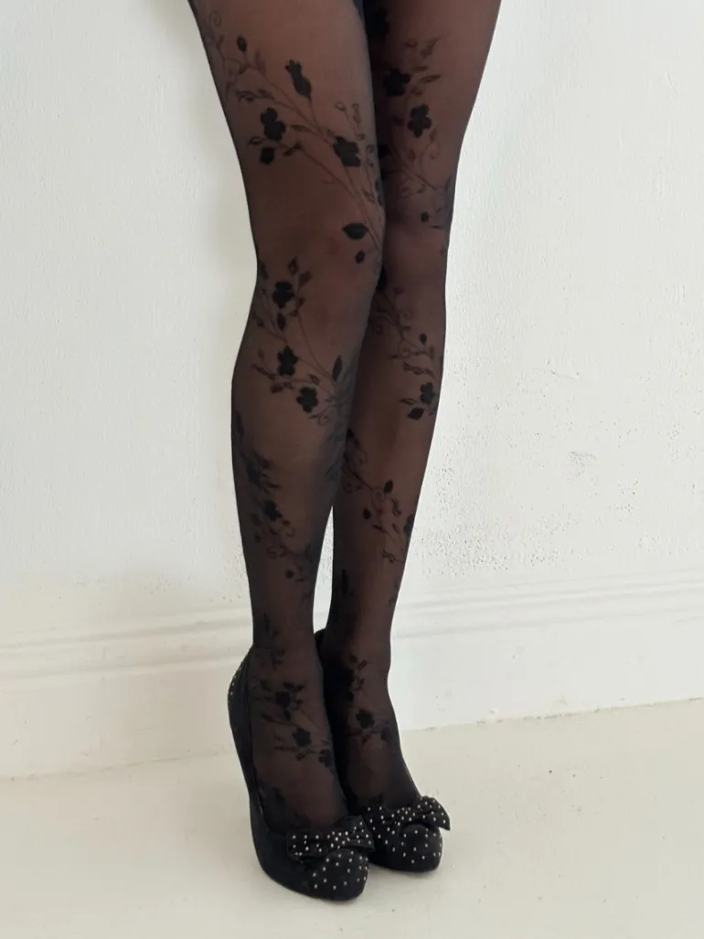 Floral Tattoo Pattern Tights - Black