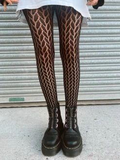 Leaf Net Pattern Tights - Black